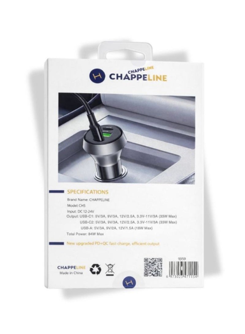 تشابي لاين  CHAPPELINE شاحن سيارة 2PD + QC3.0، محول سيارة سريع 84 واط، موديل CH5، منافذ شحن ثنائية، أسود - Image 3